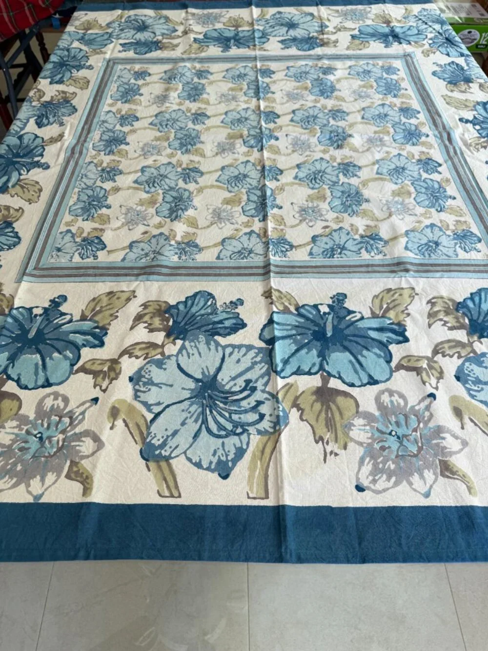 Vintage Couleur Nature by Bruno Lamy Tablecloth 59x59 Blue Hibiscus Hand Block